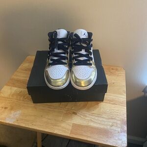 Metallic Gold Black and white Jordan 1 Mid Boys Size 3